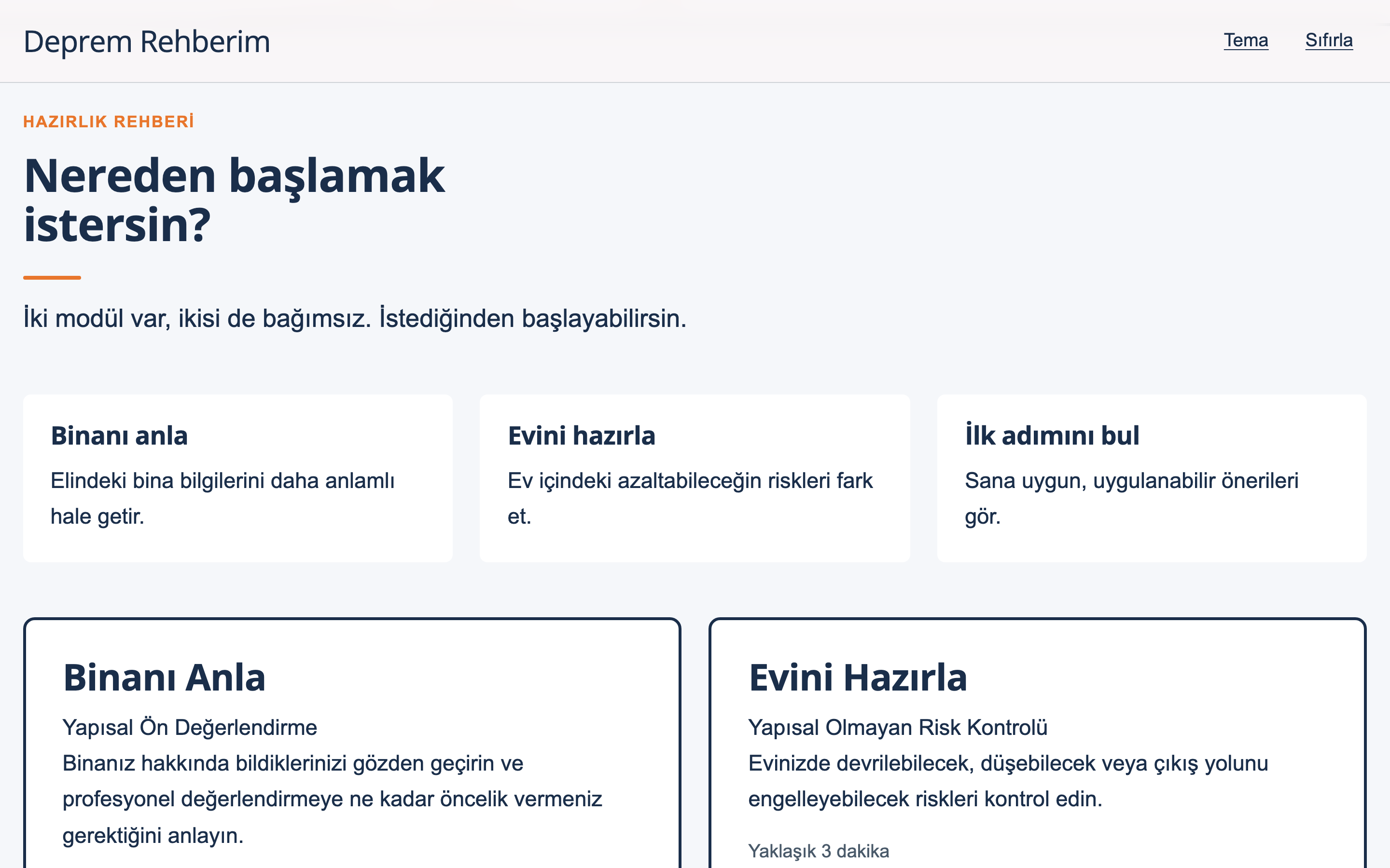 Deprem Rehberim giriş ekranı — Binanı Anla ve Evini Hazırla modülleri