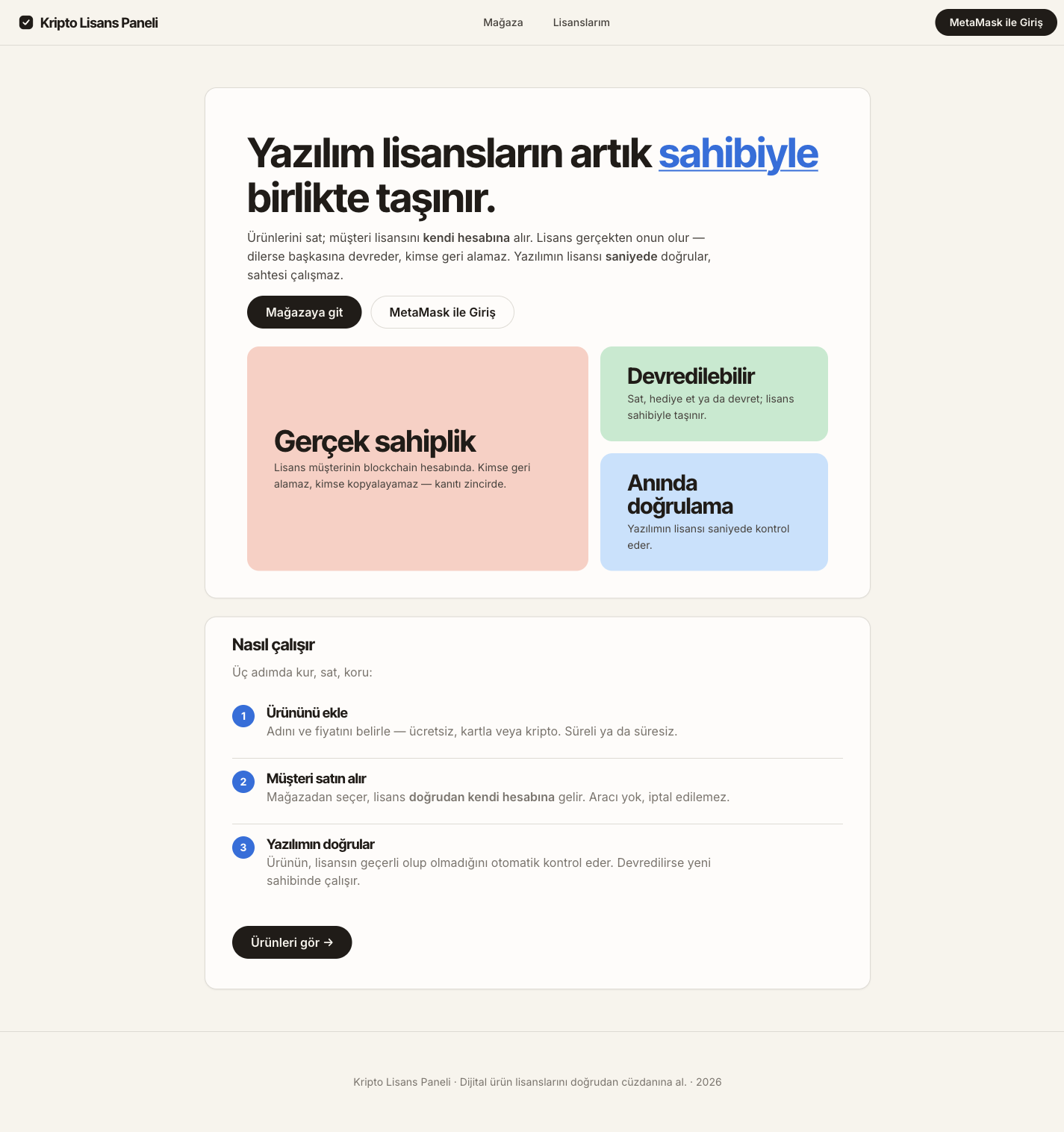 Kripto Lisans Paneli ana sayfası