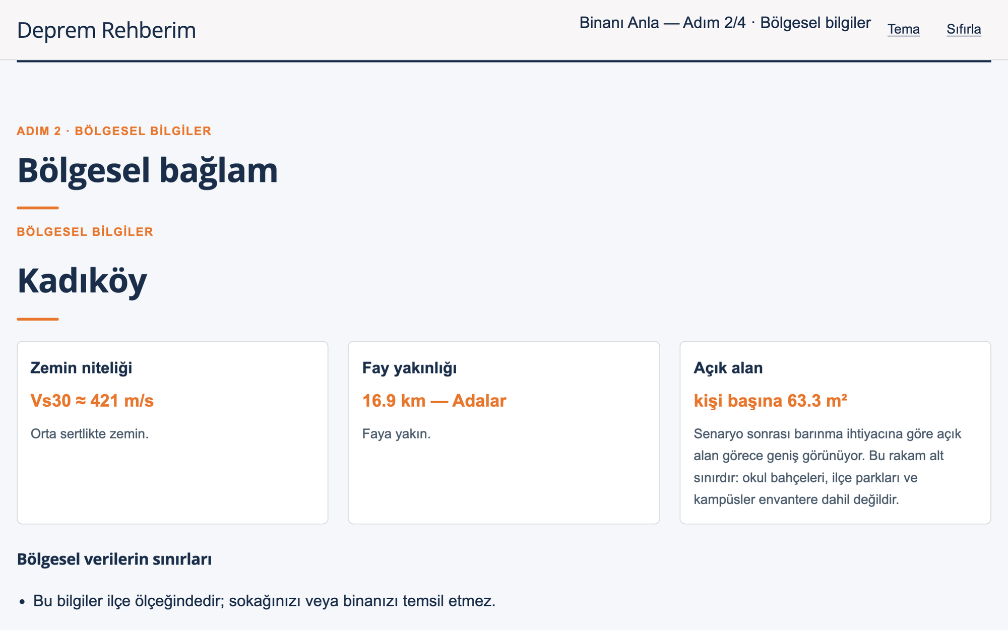 Bölgesel bağlam ekranı — Kadıköy için zemin, fay yakınlığı ve açık alan bilgileri