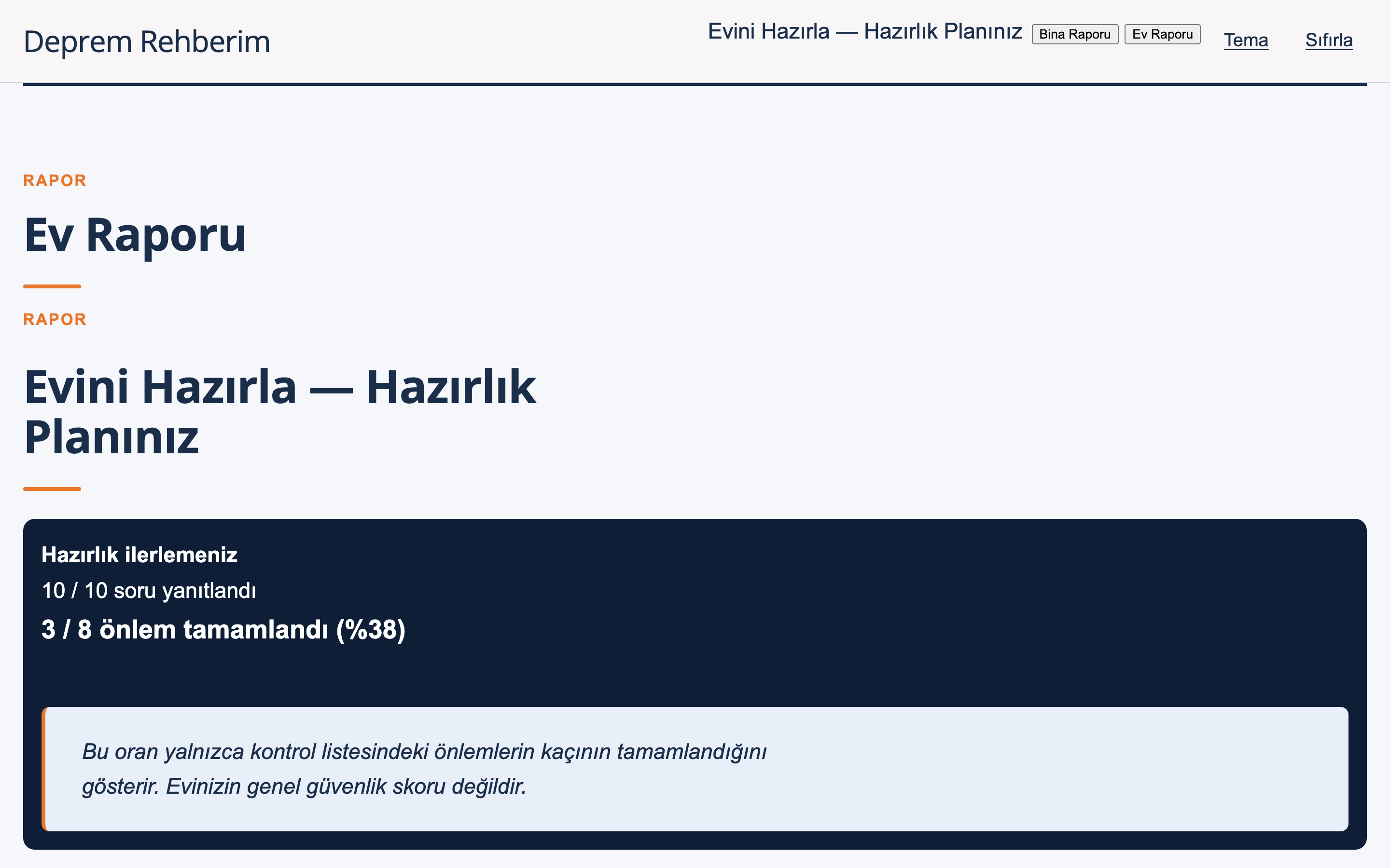 Ev raporu ekranı — hazırlık ilerlemesi ve öncelik sırasına dizilmiş ilk adımlar